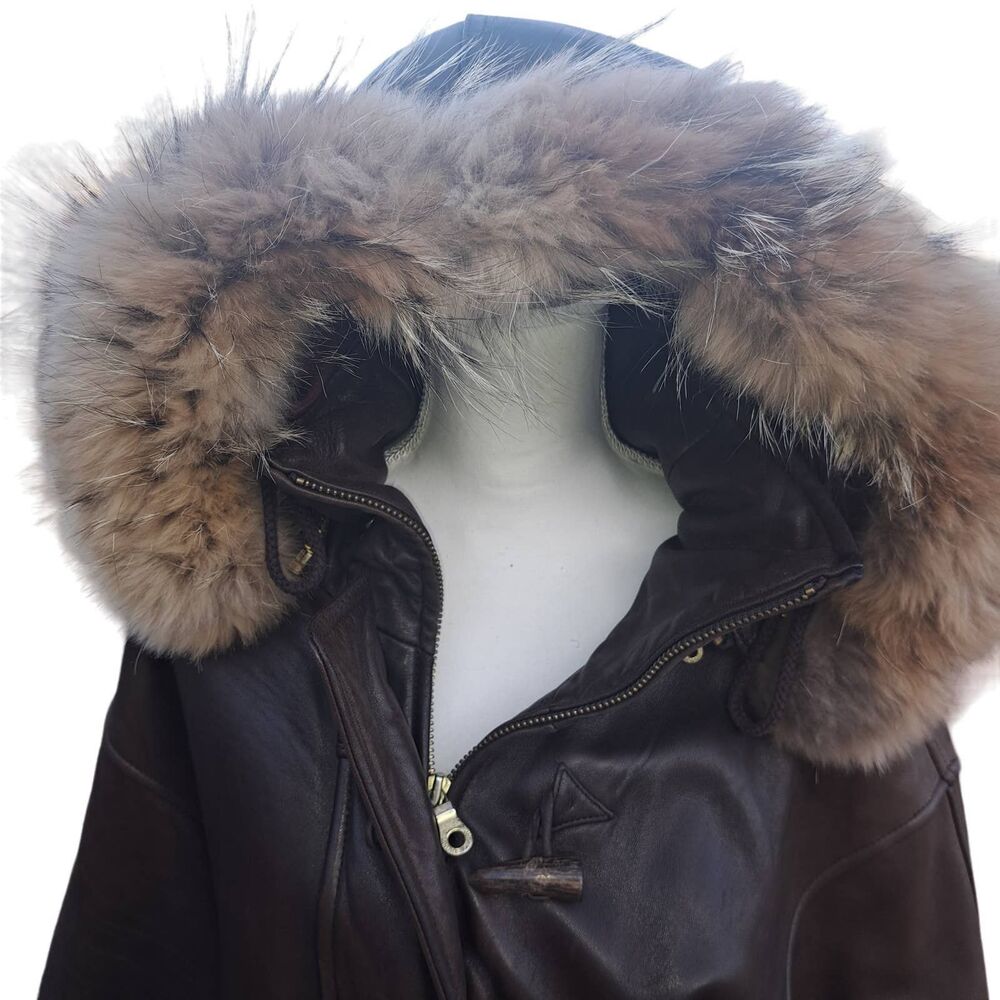 Andrew Marc Brown Leather Jacket with Fur Hood - Picture 7 of 13